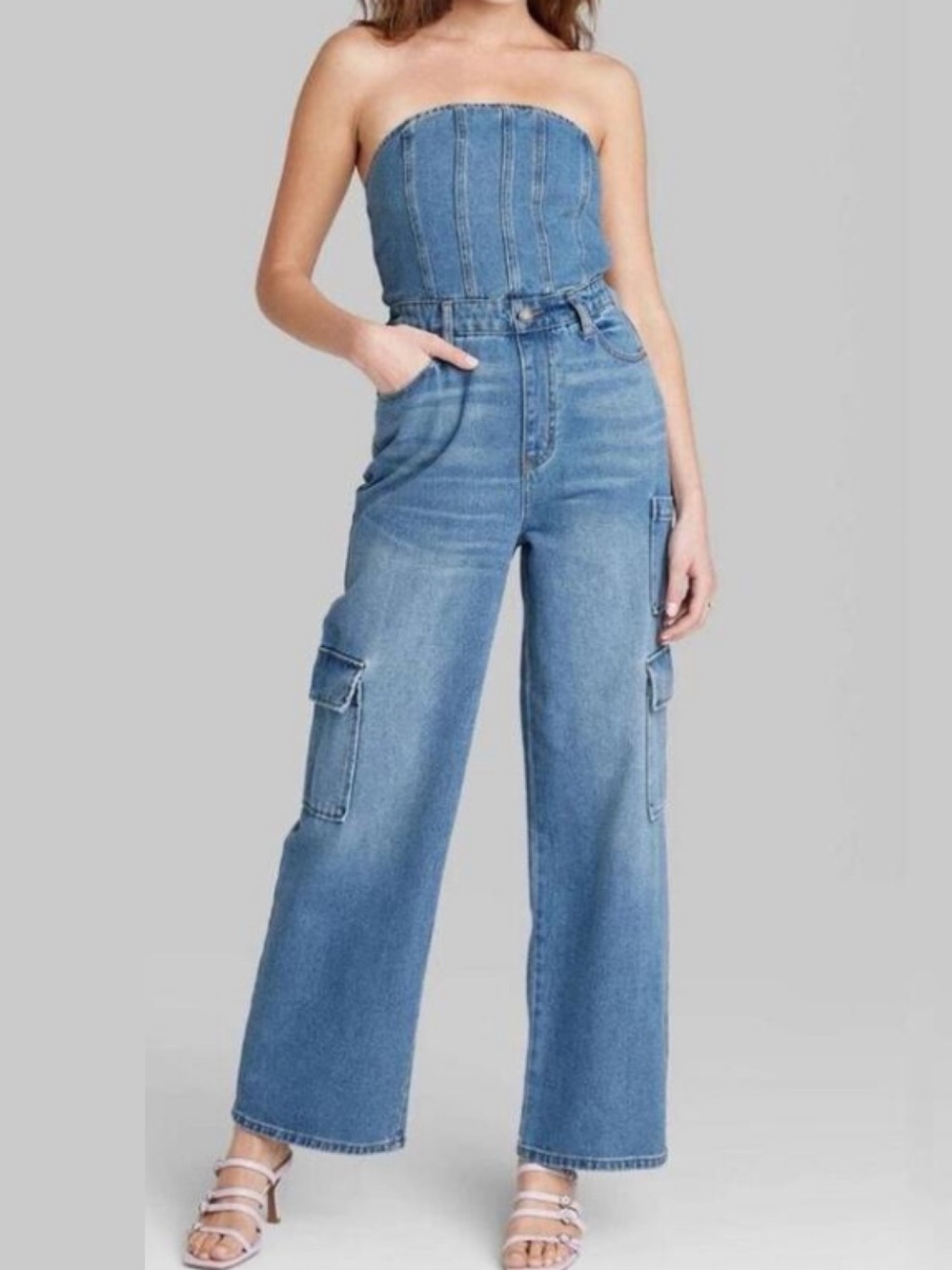 WILD FABLE Strapless Denim Jean Wide Leg Jumpsuit Size Large